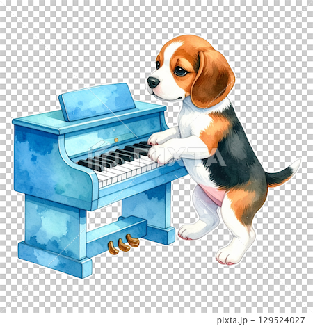 おもちゃのオルガンを演奏するビーグルの仔犬4／チラシやポスター用素材 129524027