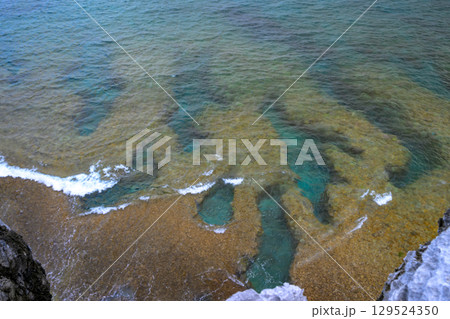 沖縄県辺戸岬の台地、岩、草、海、サンゴ 129524350