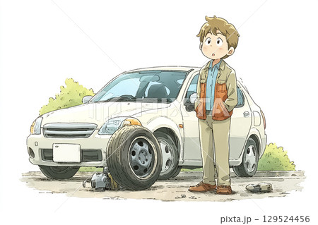 車のタイヤパンクに気づき点検・修理を検討するドライバーのイラスト 129524456