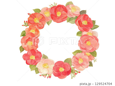 水彩椿のリースフレーム 年賀状・和風花飾り 背景透過 水彩椿のリースフレーム 年賀状・和風花飾り 背景透過 129524704