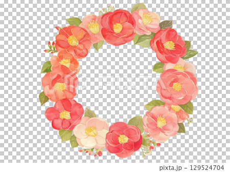 水彩山茶花環框架新年賀卡/日式花卉裝飾背景透明 129524704