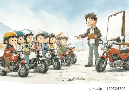 青空の下でバイクの安全運転講習を受けるライダーグループの交通安全啓発イラスト 129524705