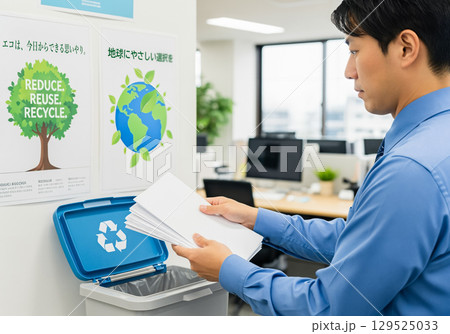 企業のSDGsへの取り組み。古紙を分別する男性社員 企業のSDGsへの取り組み。古紙を分別する男性社員 129525033