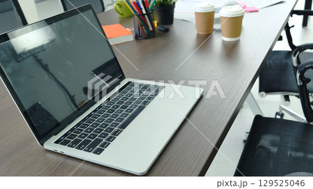 Banner Office laptop business financial document chart and graph on office wooden table coffee cup. Panorama Flat lay notebook computer laptop on office desk. Business stuff mockup with copy space 129525046