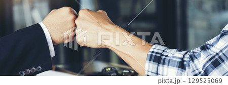 Banner template Partner Business Trust Teamwork Partnership. Industry contractor fist bump dealing mission business. Mission team meeting group of People Fist bump Hands together. Business Concept 129525069