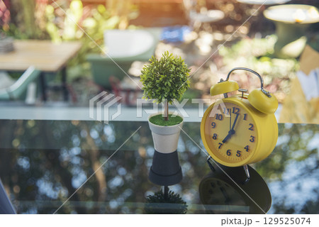 Alarm clock Red vintage retro time on book and tree green nature bokeh nature deadline concept. Alarm clock Red vintage retro time on book and tree green nature bokeh nature deadline concept. 129525074