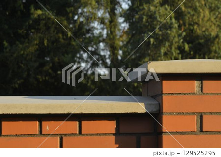View of brick foundation. Brick wall with white finish. Brick base. Brick background with pillar. Building and construction concept. View of brick foundation. Brick wall with white finish. Brick base. Brick background with pillar. Building and construction concept. 129525295
