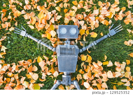 Happy humanoid robot lies on the autumn grass. 129525352