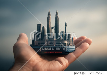 AI generated a realistic image of a human hand holding a 3D model of Kuala Lumpur with iconic landmarks. The soft background emphasizes the intricate city details 129525426