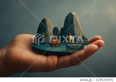 AI generated image of a hand holding a 3D miniature of Halong Bay with mountains, boats, and iconic landmarks. The scene is captured with soft lighting and a sleek modern aesthetic. 129525445