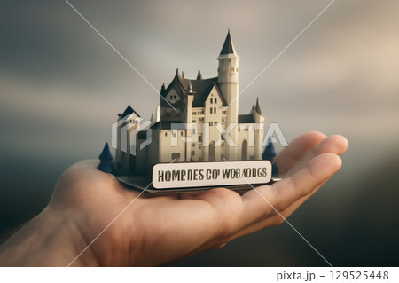 AI generated image of a human hand gently holding a minimalist 3D model of Neuschwanstein Castle with a soft glowing effect. Modern aesthetic with muted colors, soft shadows, and a blurred background. 129525448