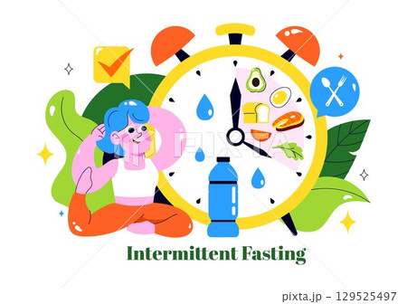 Intermittent Fasting Vector Illustration featuring a Clock Face Symbolizing the Principle of Eating Time and Exercise in a Dieting Flat Background 129525497