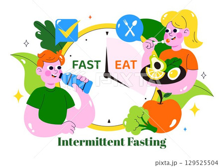 Intermittent Fasting Vector Illustration featuring a Clock Face Symbolizing the Principle of Eating Time and Exercise in a Dieting Flat Background 129525504