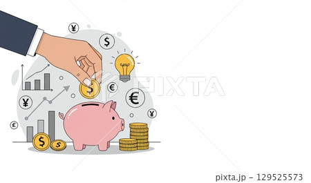 Hand puts coin in piggy bank, wise investment for growth, key investment 129525573