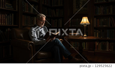 Man reading, absorbing wisdom in quiet library. Classic setting fuels deep wisdom 129525622