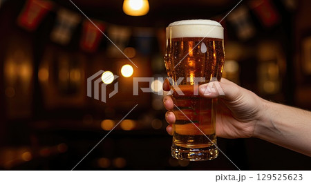 Hand holds fresh beer glass in pub. Perfect golden beer for celebration, cold beer 129525623