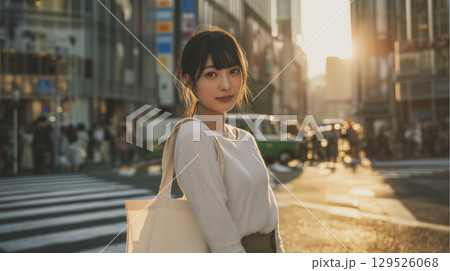 朝の通勤途中で信号待ちしている女性 129526068