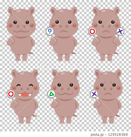 河馬人物插畫集手持圓圈、圓形、三角形或三角形標誌 129526369