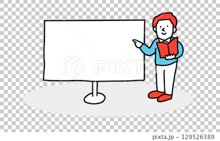 Illustration of a man giving a lecture/presentation in front of a whiteboard 129526389
