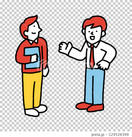 Illustration of two men having a conversation: colleague, teacher and student Illustration of two men having a conversation: colleague, teacher and student 129526399