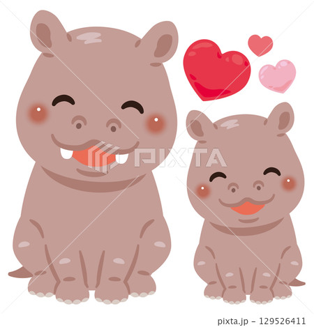 お座りした笑顔のカバの親子イラスト お座りした笑顔のカバの親子イラスト 129526411