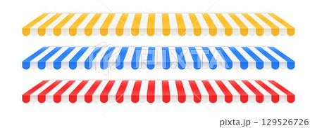 Striped shop window tent set. Store awning pattern collection. Cafe or restaurant roof canopy pack. Red, yellow and blue stall market place cover. Colorful sunshade design template. Vector Striped shop window tent set. Store awning pattern collection. Cafe or restaurant roof canopy pack. Red, yellow and blue stall market place cover. Colorful sunshade design template. Vector 129526726
