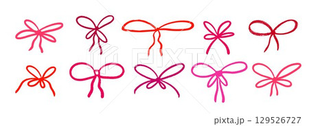 Red and pink hand drawn bows collection. Crayon doodled ribbon bows set. Brush stroke scribbled elements pack for gift, package, present box decoration. Sketched chalk pastel tied knots bundle. Vector 129526727