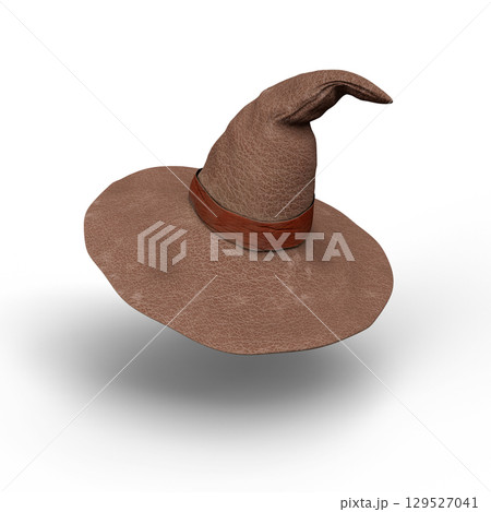 Classic Witch Costume Hat with Textured Brown Fabric on White Background. 3D Illustration. File with Clipping Path Classic Witch Costume Hat with Textured Brown Fabric on White Background. 3D Illustration. File with Clipping Path 129527041