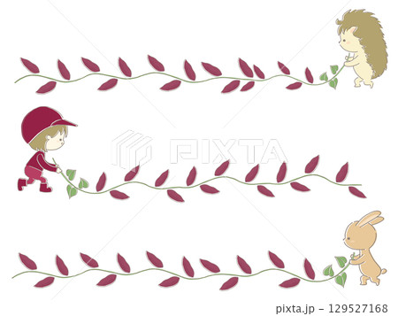 芋ほりをする子供と動物のラインセット 129527168