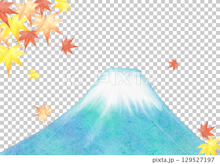 Watercolor illustration of Mt. Fuji and maple leaves 129527197