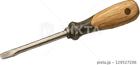 木製グリップのマイナスドライバーイラスト、シンプルな平型ドライバーの手描き風素材、DIYで使える工具 129527206