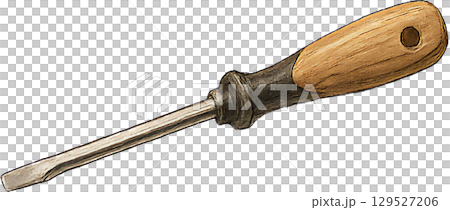 木製グリップのマイナスドライバーイラスト、シンプルな平型ドライバーの手描き風素材、DIYで使える工具 129527206