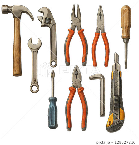 工具が整然と並んだ手描き風イラスト、作業に使える多用途ハンドツール素材、DIYや修理に役立つリアル風 129527210