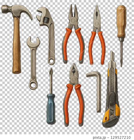 工具が整然と並んだ手描き風イラスト、作業に使える多用途ハンドツール素材、DIYや修理に役立つリアル風 129527210