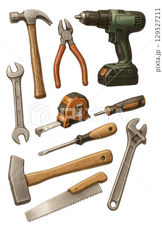 手描き風で並べられた各種工具のセット、DIYに使えるハンドツールのイラスト素材、リアルタッチの工具ア 129527211