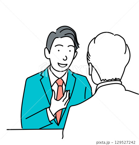イラスト素材: 商談や面接で自己紹介するスーツ姿の男性のベクター 129527242