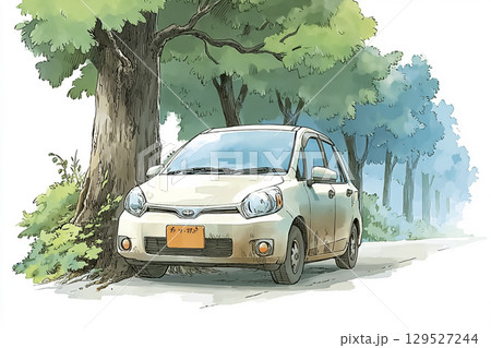 林道で不注意により街路樹の枝に軽く接触し停車する自動車 129527244