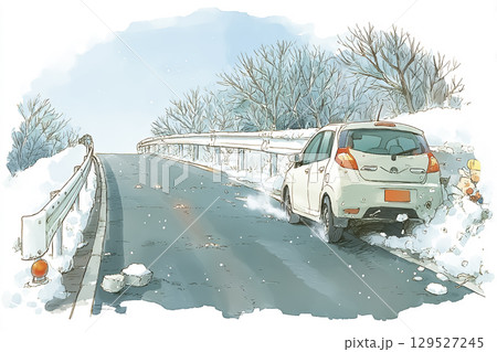 雪道でスリップしガードレールに軽く衝突、停車する自動車の安全事故シーン 129527245