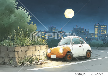 夜間の不注意による路肩乗り上げ停止シーン、安全運転啓発イラスト 129527246