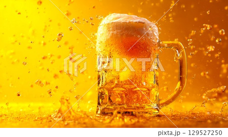 Cold beer in big glass mug with splashes, refreshing drink for Oktoberfest celebration, abstract bright illustration, autumn beer festival 129527250