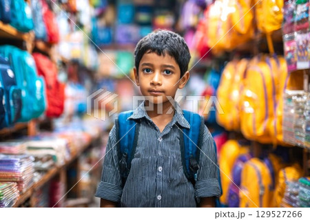 Little indian boy with new backpack in stationery store, shopping for school supplies concept, sale and discount, preparing for back to school 129527266