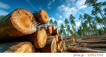 Felled trees neatly stacked in forest logging operation under clear blue sky 129527372