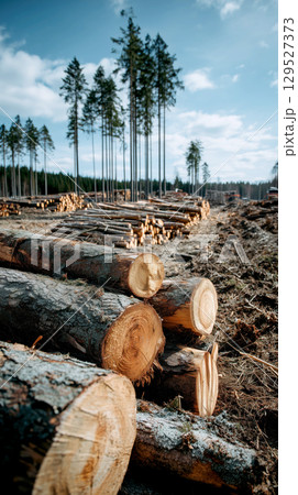 Felled trees neatly stacked in logging operation under clear sky, with tall trees in background 129527373