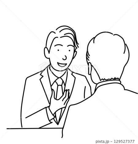 イラスト素材: 商談や面接で自己紹介するスーツ姿の男性の線画ベクター 129527377