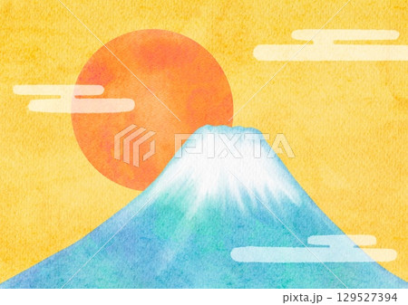 水彩で描いた富士山と太陽のイラスト 水彩で描いた富士山と太陽のイラスト 129527394