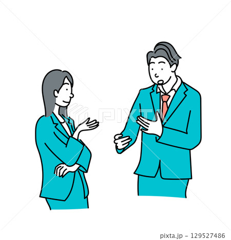 イラスト素材: 商談や打ち合わせで会話するスーツ姿の男女のベクター 129527486