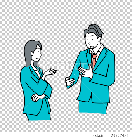 イラスト素材: 商談や打ち合わせで会話するスーツ姿の男女のベクター 129527486