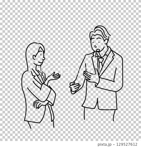 圖庫插圖: 商務談判和會議期間穿著西裝的男女交談的線條畫向量 129527612