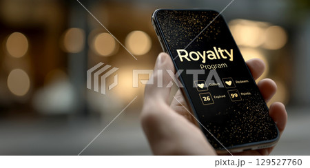 Hand holds smartphone displaying holographic loyalty program interface with points and rewards 129527760
