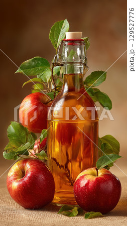 Glass bottle of apple cider surrounded by ripe red apples and green leaves, creating rustic and inviting still life 129527776